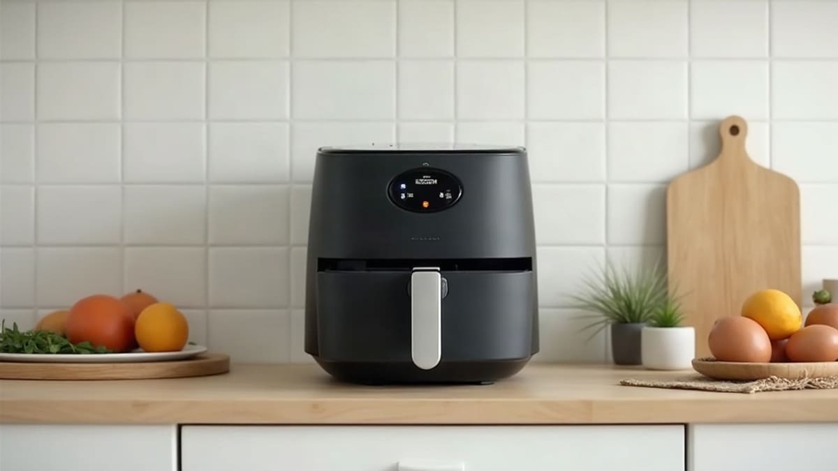 Un airfryer noir avec son tiroir posé sur un plan de travail de cuisine