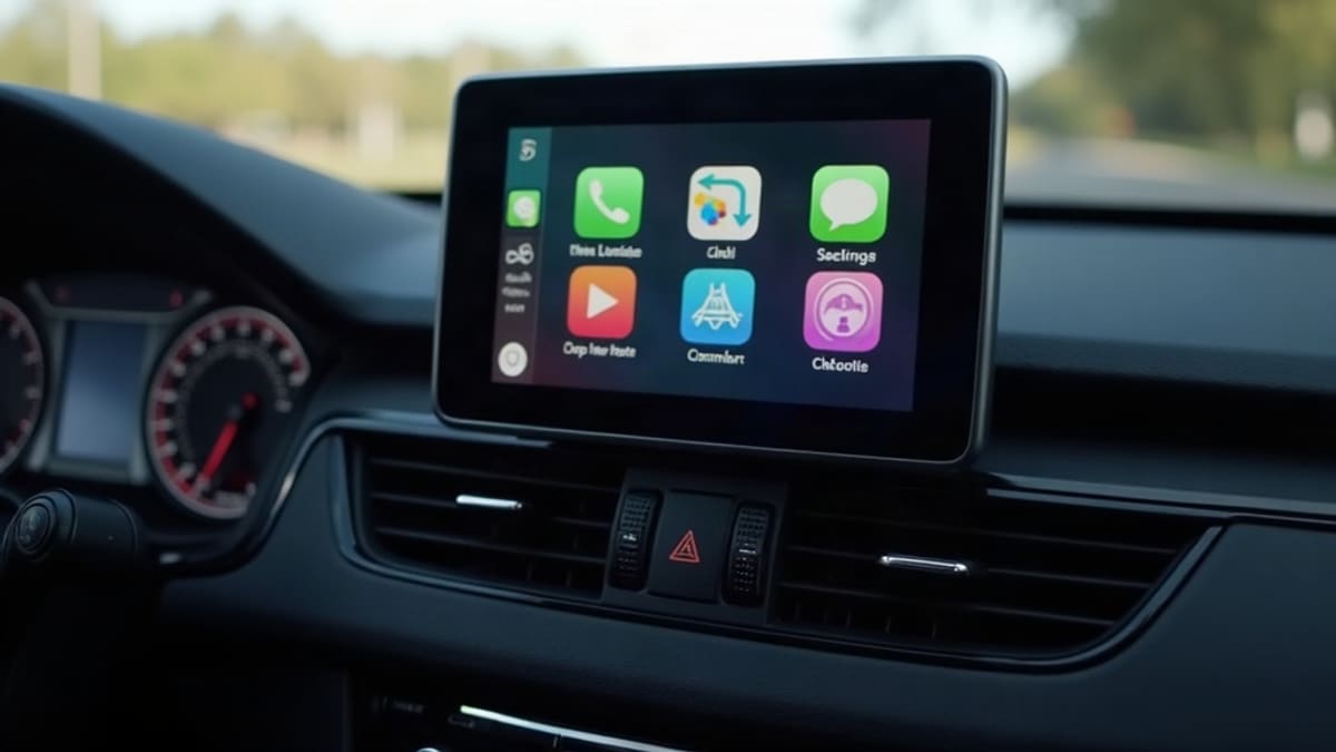 Tableau de bord d’une voiture avec un autoradio à écran tactile affichant une grille d’icônes