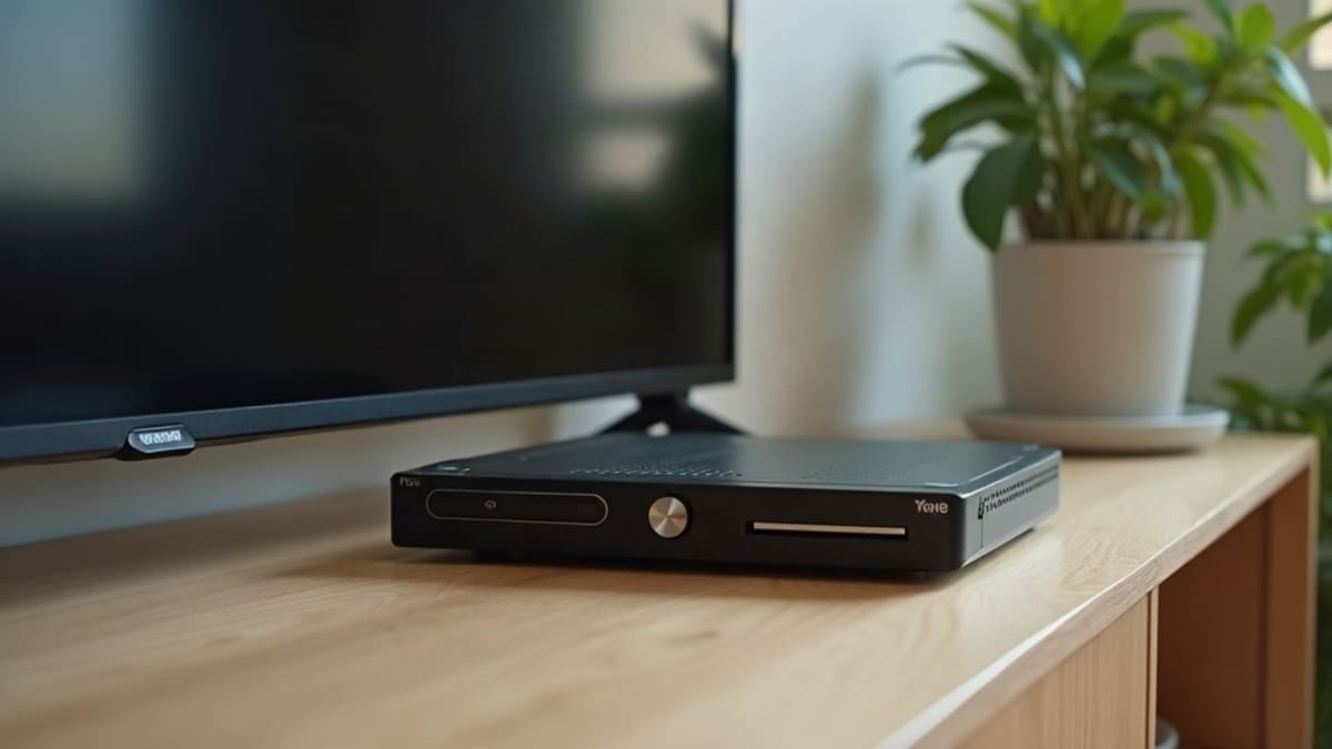 Un décodeur satellite avec sa fente pour carte posé sur un meuble devant un téléviseur