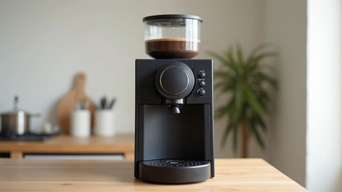 Machine à café automatique à grains noire posée sur un plan de travail de cuisine en bois clair