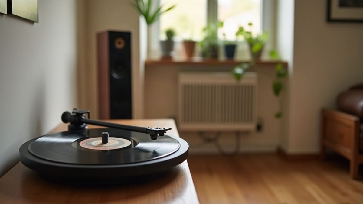 Une platine vinyle avec un disque posée sur un meuble en bois à côté d’une enceinte colonne