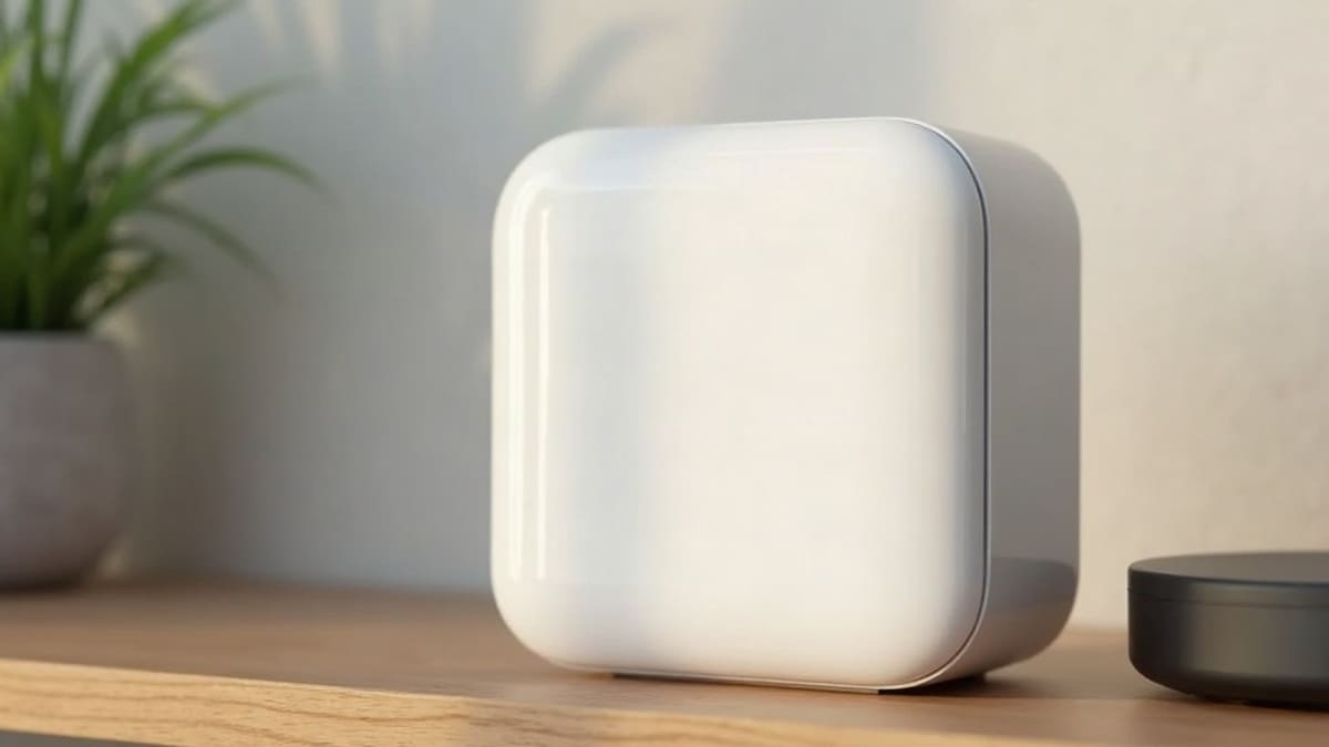 Un boîtier de box internet blanc posé sur une étagère à côté d’un petit décodeur rond