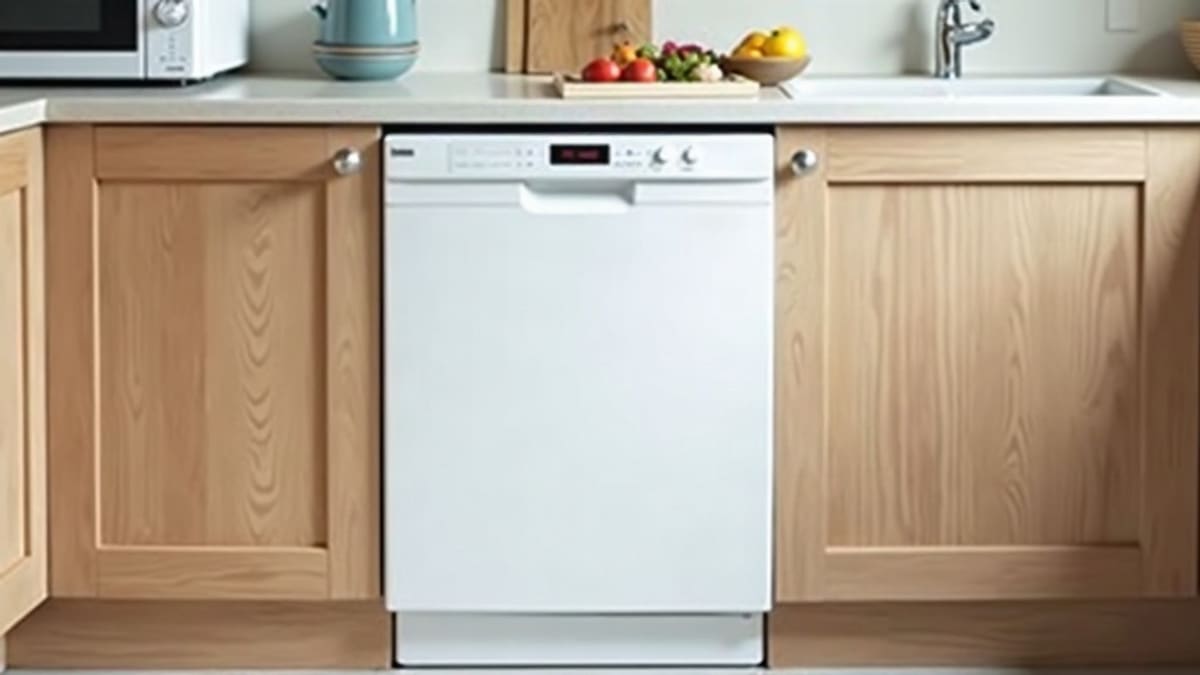 Un lave-vaisselle blanc encastré dans une cuisine, avec son afficheur sur le bandeau de commande