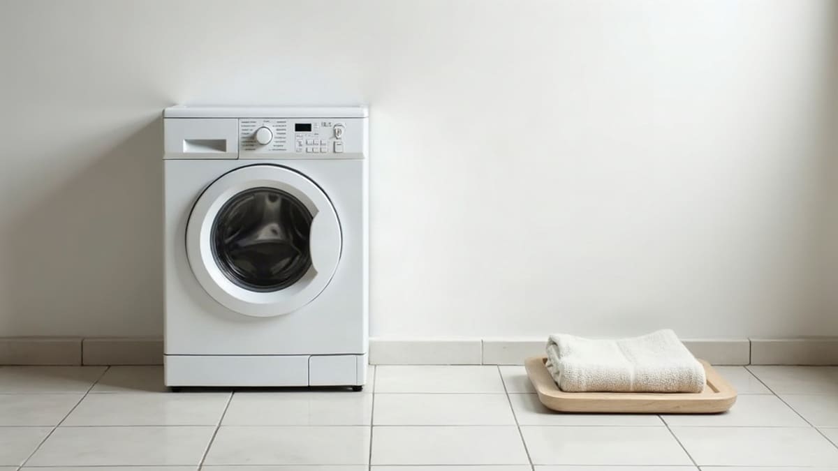 Une machine à laver blanche dont la trappe de service du bas est ouverte, avec un bac et une serviette posés devant