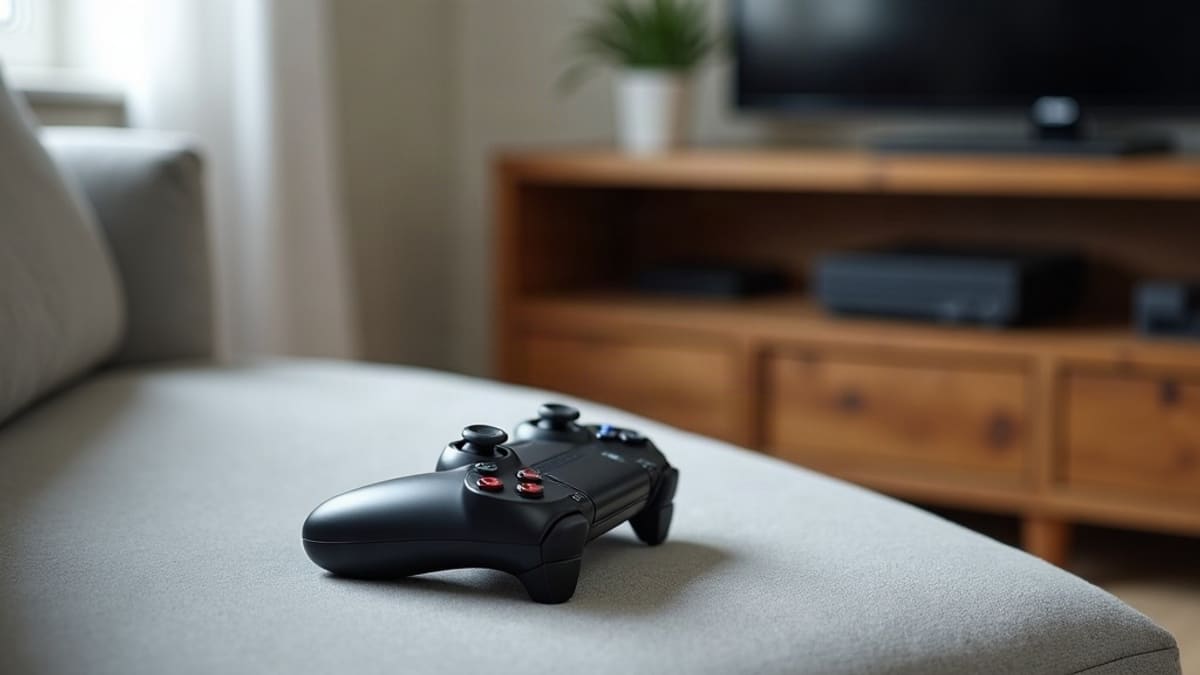 Manette de jeu sans fil noire posée sur un canapé gris devant une console de salon