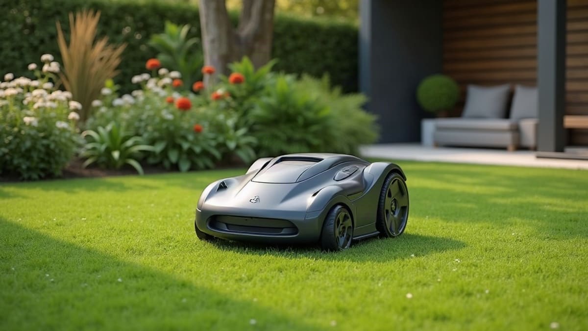 Un robot tondeuse posé sur une pelouse près de sa station de charge