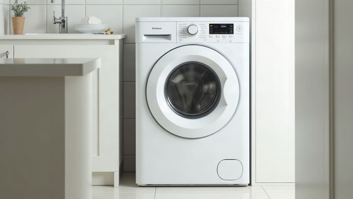 Un sèche-linge blanc à hublot posé dans une buanderie