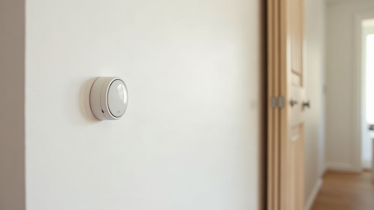 Thermostat mural rond blanc fixé sur un mur clair d’entrée, à côté d’un radiateur